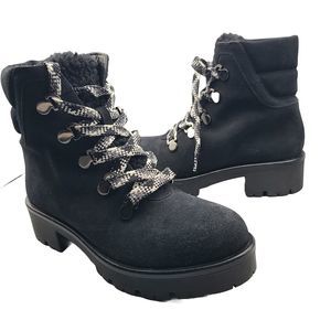 AQUATALIA Women Boots Juliet Black Suede Block Heel Combat Laces  shearling Sz 8